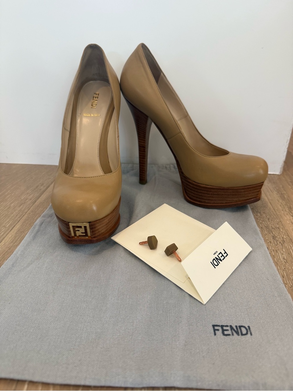Fendi Beige Leather Platform Pumps with Wood Stacked Heel